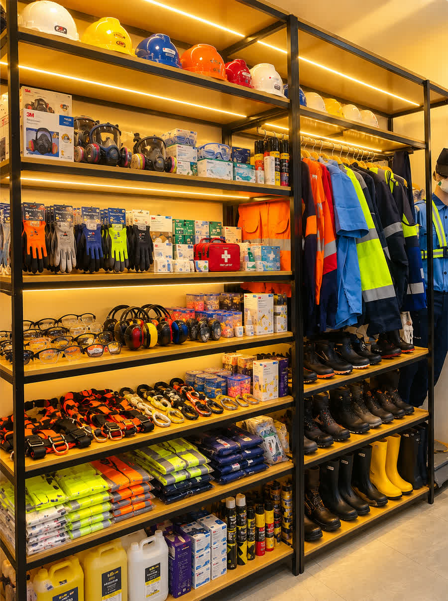 Inside the Ultimate General Trading showroom: shelves of gloves, respirators, safety boots and hi-vis workwear