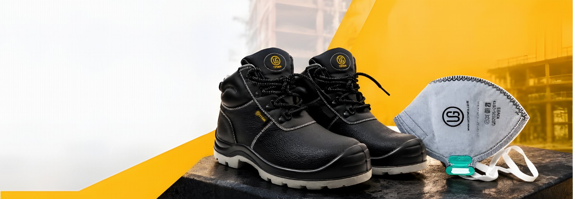 Titan safety boots and a KN95 respirator mask on a construction site