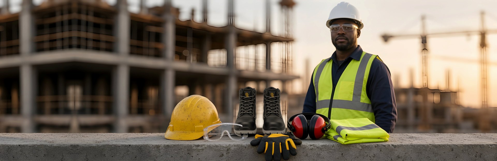 Construction worker in a hard hat, safety glasses and hi-vis vest with safety boots, gloves, ear muffs and a hard hat on a site