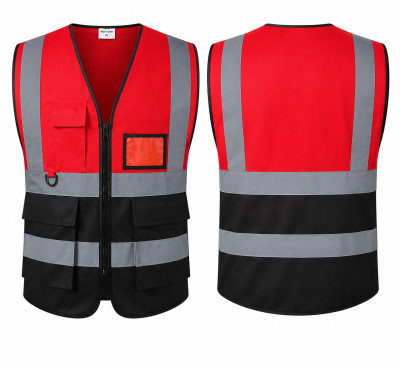 HIGH-VISIBILITY REFLECTIVE SAFETY VEST RED AND BLACK